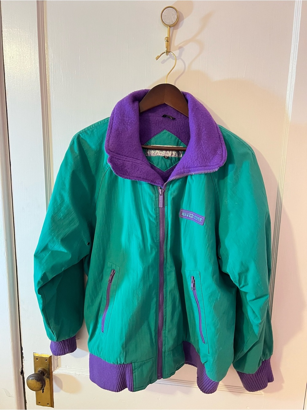 Vintage River Edge Green and Purple Men’s Fleece-Lined Bomber Windbreaker Jacket